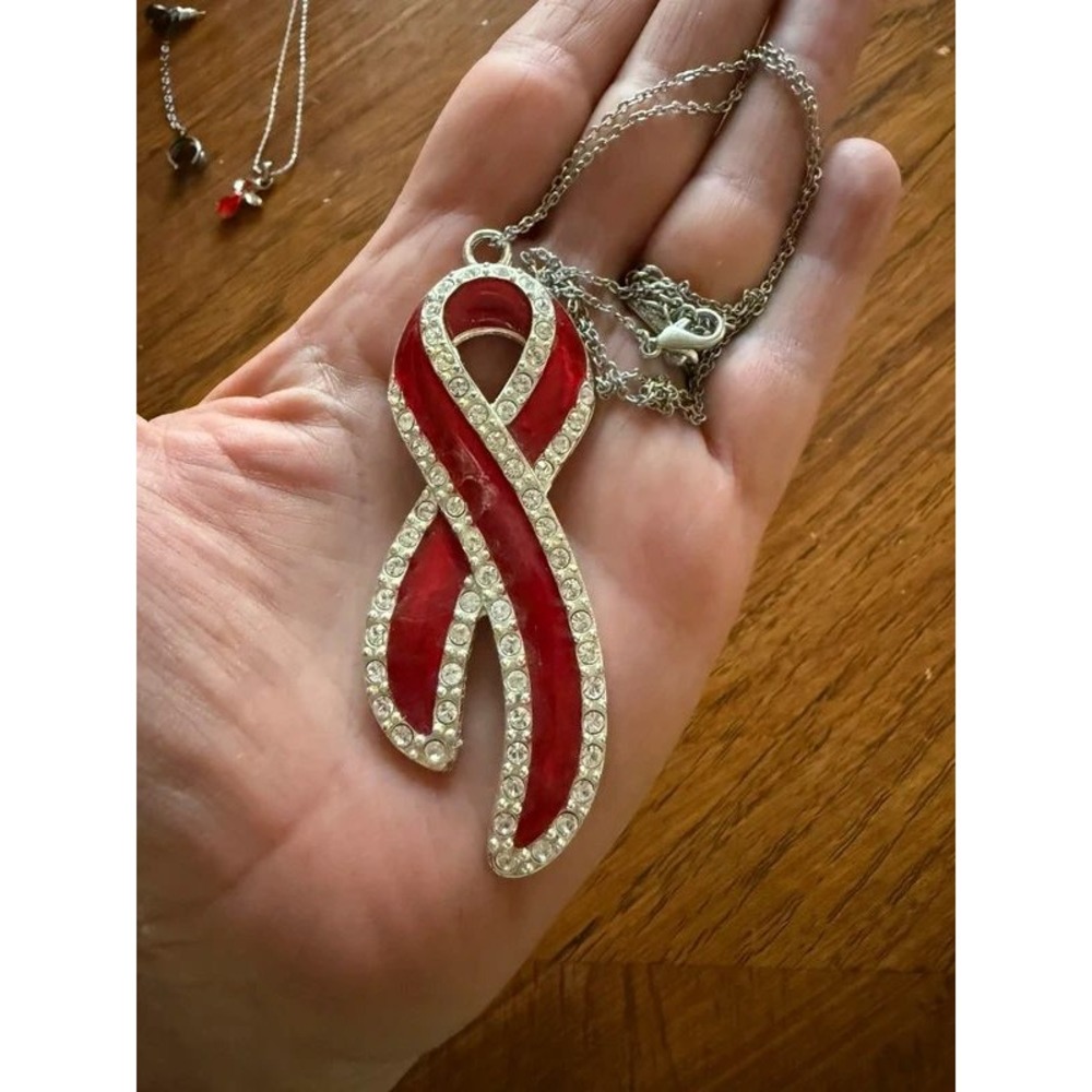 Red Awareness Ribbon Rhinestone Pendant Necklace - Picture 2 of 4
